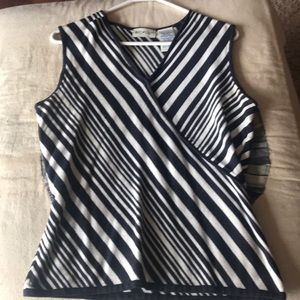 Sleeveless striped sweater, mock wrap tie